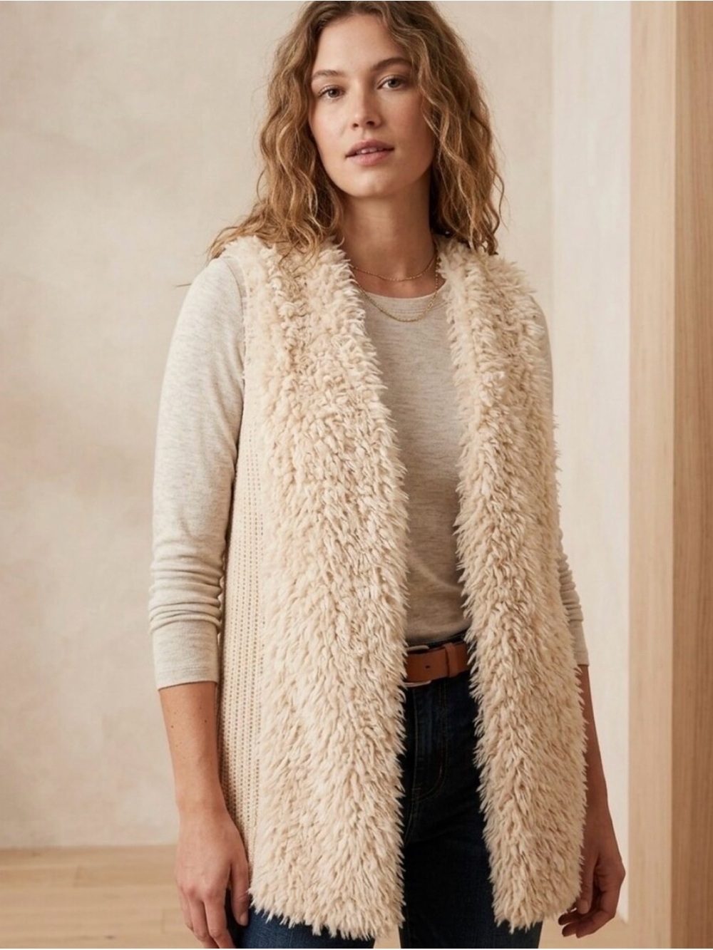 Terra & Sky Vest Fuzzy Long Chunky Cream Color Sweater Backed Women's Size 2X